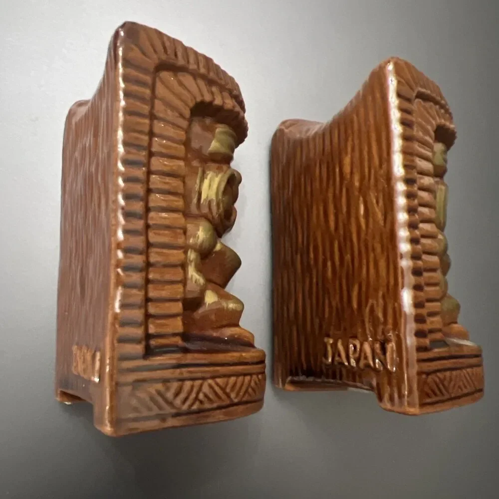 Vintage Brown Glaze Red Clay Tiki Salt & Pepper Shaker Set “Florida” 3.25” Japan